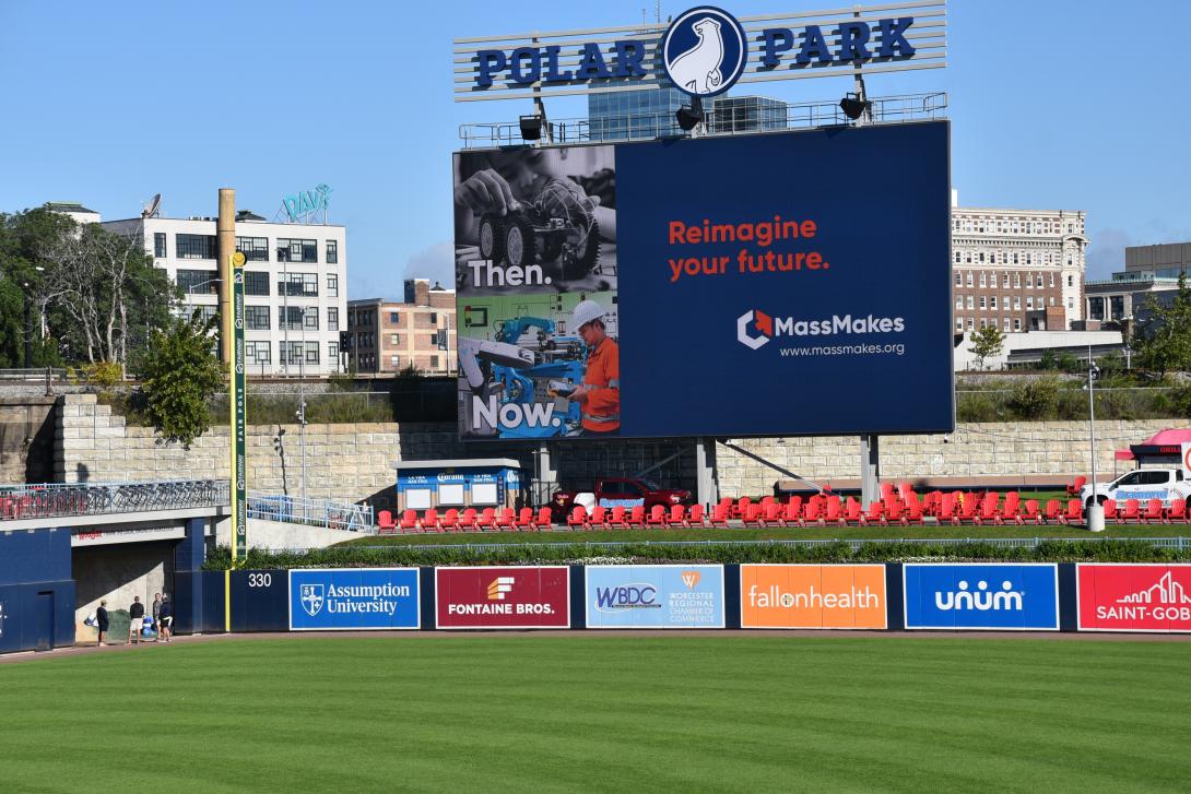 Mash-Up Ball field at Polar Park Worcester with digital sign "MassMakes.org"